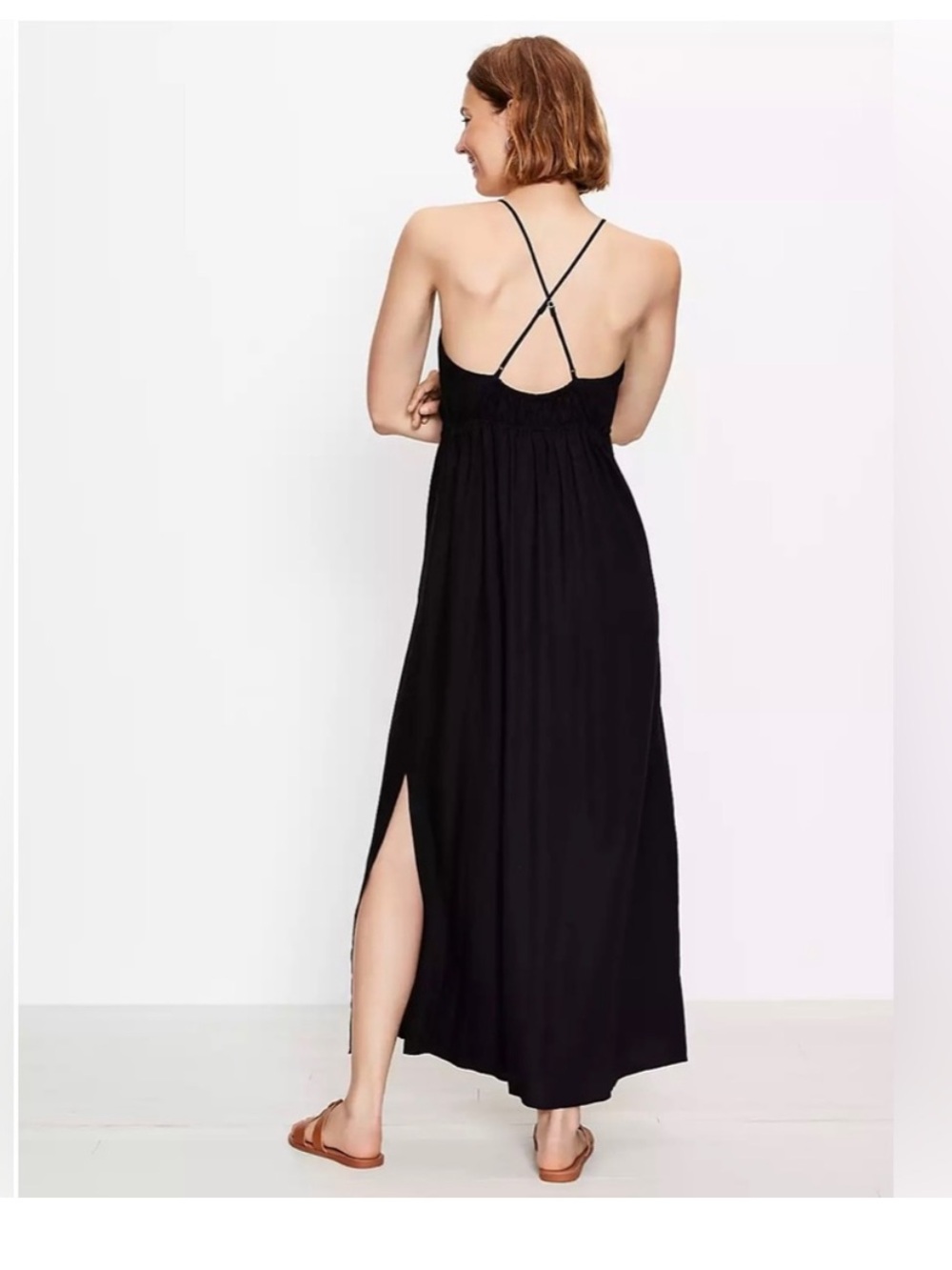 LOFT Black Linen Maxi Dress with Crisscross Straps
